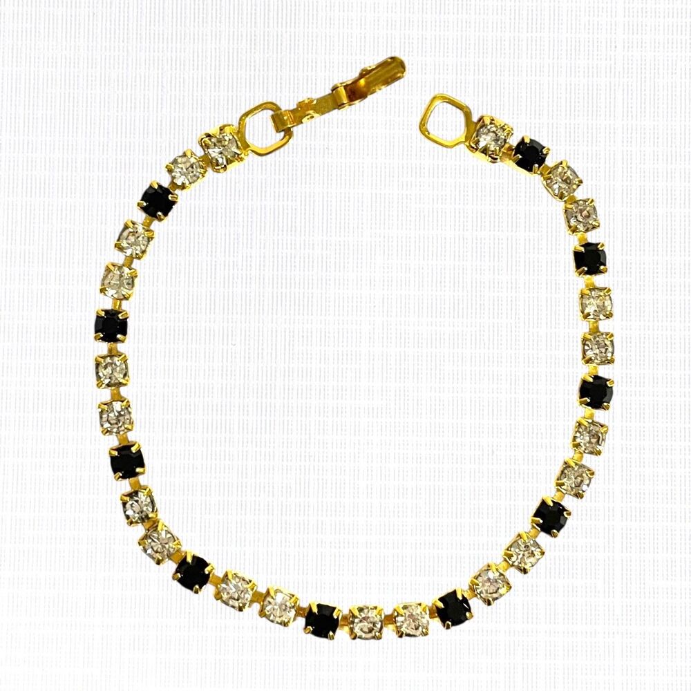Tennis Bracelet Gold Tone Black White Rhinestone Evening Cocktail Formal Classic